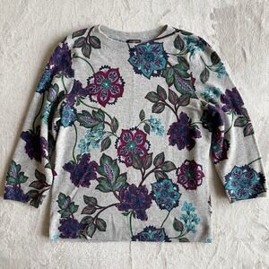 Talbots Audrey Sweater 100% Cashmere Gray Floral Thin Knit LP Grandmacore Petite